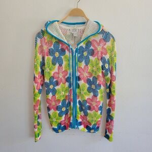 Just B Openwork Knit Full Zip Hoodie Cardigan Large Retro Sequin Flowers Beach